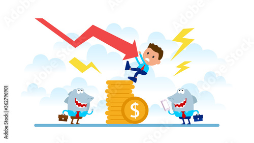 Bankrupt businessman falling down vector concept.
