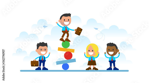 Businessman trying to balance on ball and seesaw.
