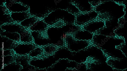 Organic Neural Network Infected by Virus, Artifical Intelligence turning Evil, Compromised Data, Immune System getting attacked, cyan dots and lines getting swept by red wave of virus, smooth, 4K.