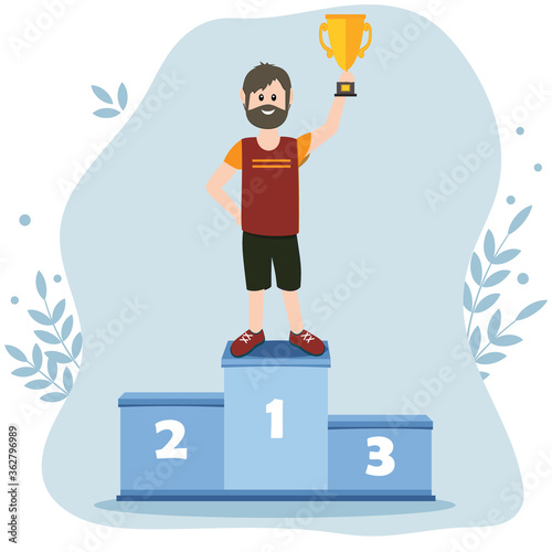 Male athlete on the podium in the first place holding the prize gold Cup, color vector illustration in the style of flat, design, decoration, banner, poster