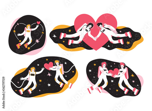 Hand drawn set cartoon characters astronauts in outer space. Cosmonauts man and woman. Loving couple is flying in space among the stars and hearts. Cosmic love in the Universe. Happy Valentine's Day.