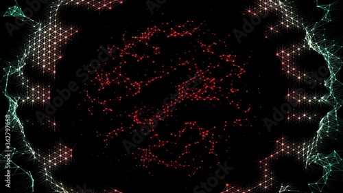 Organic Neural Network Infected by Virus, Artifical Intelligence turning Evil, Compromised Data, Immune System getting attacked, cyan dots and lines encapsulate red virus, smooth, 4K.