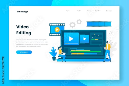 Video editing illustration landing page with laptop. Illustration for websites, landing pages, mobile applications, posters and banners.