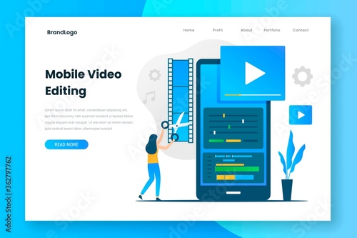Mobile video editing landing page template. Illustration for websites, landing pages, mobile applications, posters and banners.