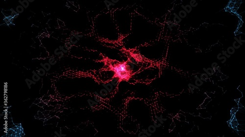 Organic Neural Network Infected by Virus, Artifical Intelligence turning Evil, Compromised Data, Immune System getting attacked, blue purple dots and lines encapsulate red virus, smooth, 4K.