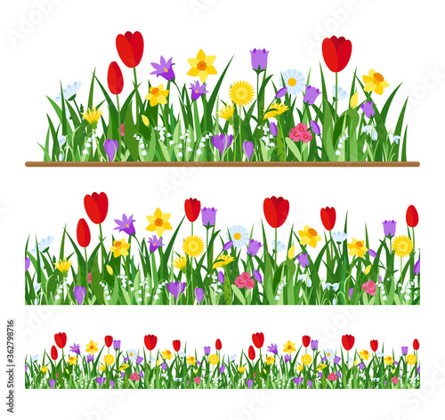Vector set of spring wild forest and garden flowers isolated on white. Seamless Flowers Border with tulip, crocus, daffodil, lily of the valley, chamomile, snowdrop for holiday and summer background