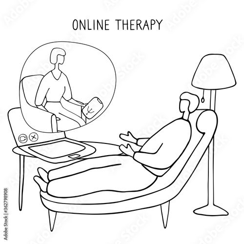Man at session with psychologist talks about her problems. Online consultation of psychotherapist. Psychological treatment. Linear vector illustration