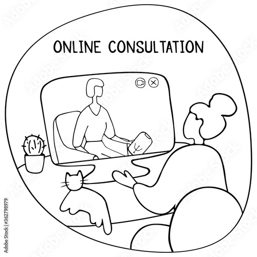 Woman at the psychologist online session. Doctor consultation by phone. Video call to psychiatrist. Online psychological therapy. Hand drawn doodle vector graphic