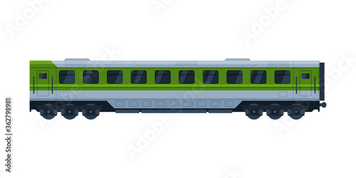 Green Train Passenger Wagon, Railroad Transportation Vehicle Flat Vector Illustration on White Background