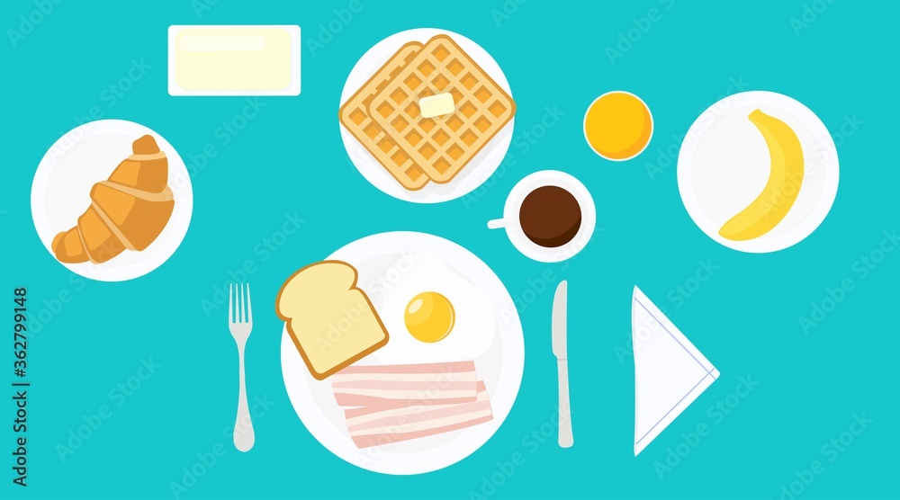Vector isolated illustration of a breakfast with fried egg, bacon, bread, toast, croissant, banana, waffles, butter, coffee, juice, fork, knife, plates.