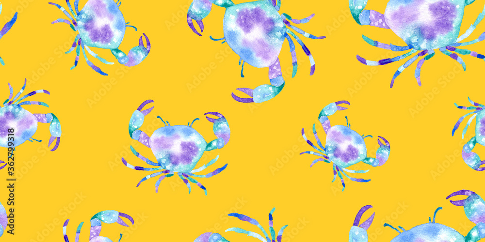 Hand Painting Abstract Watercolor Pastel Colors Crabs Sea Creatures Repeating Pattern Isolated Background