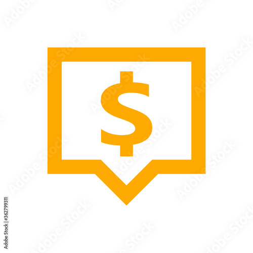 dollar currency symbol in speech bubble square shape for icon, orange dollar money for app symbol isolated on white, currency digital dollar icon for financial concept