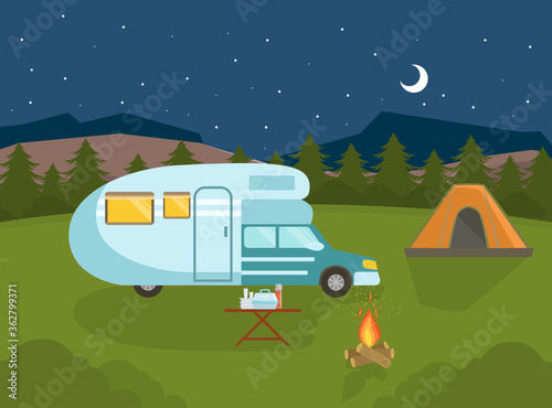 Travel Van Packed and Ready to Set Off on Journey Vector Illustration