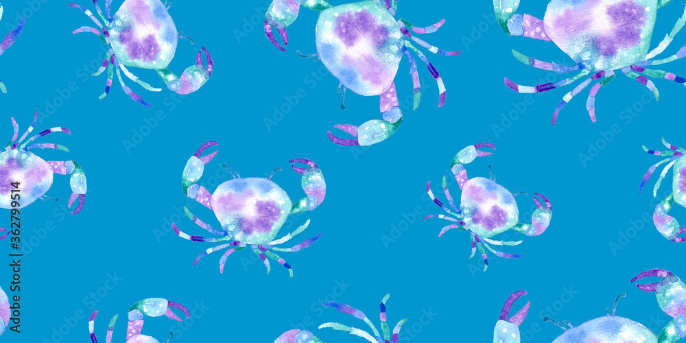 Hand Painting Abstract Watercolor Pastel Colors Crabs Sea Creatures Repeating Pattern Isolated Background