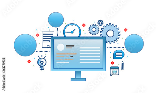 Software development concept. Set of  icons and illustrations representing development process. Code, laptop, cloud, process, workflow icons. For presentation
