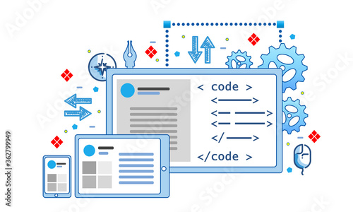 Software development concept. Set of  icons and illustrations representing development process. Code, laptop, cloud, process, workflow icons. For presentation