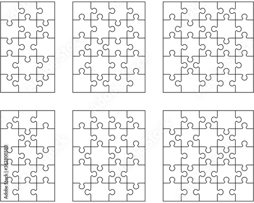 Illustration of six white puzzles, separate parts 