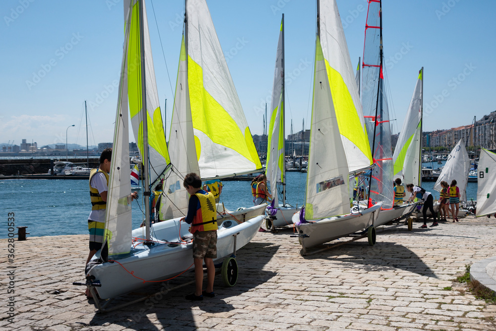 pequeños veleros tipo optimist Stock Photo | Adobe Stock