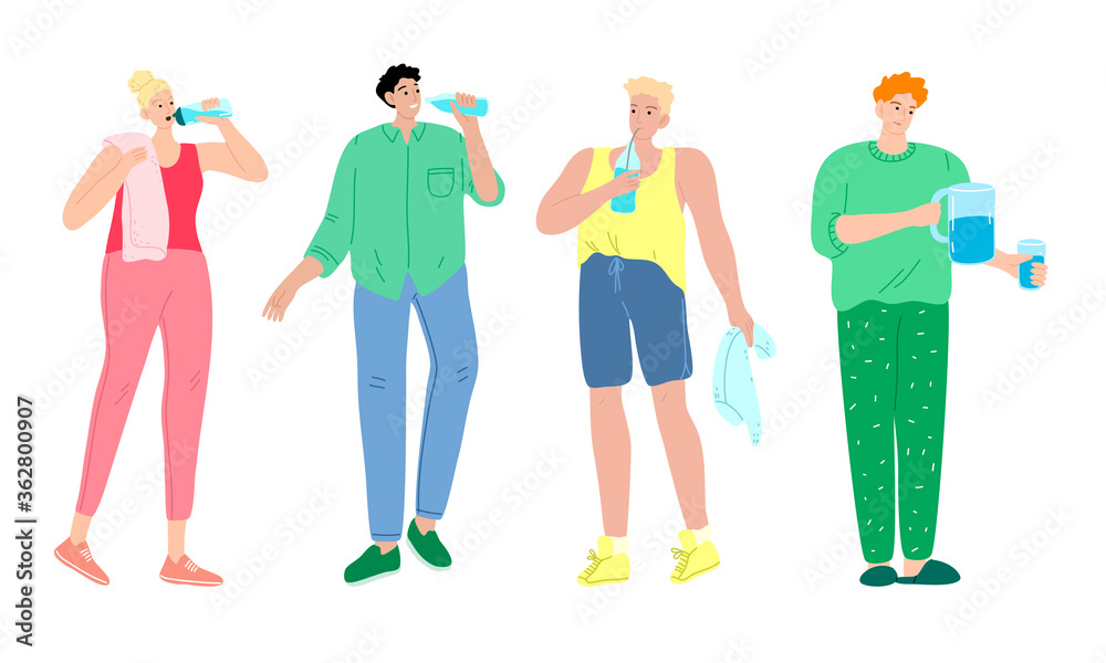 People drinking pure water from bottles and glass at home and in gym