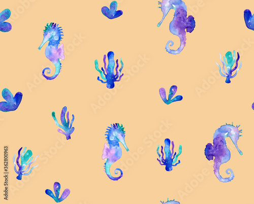 Hand Painting Abstract Watercolor Pastel Colors Sea Horses and Moss Corals Sea Creatures Repeating Pattern Isolated Background