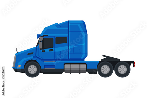 Blue Semi Truck, Side View of Cargo Modern Delivery Cargo Vehicle Flat Vector Illustration on White Background