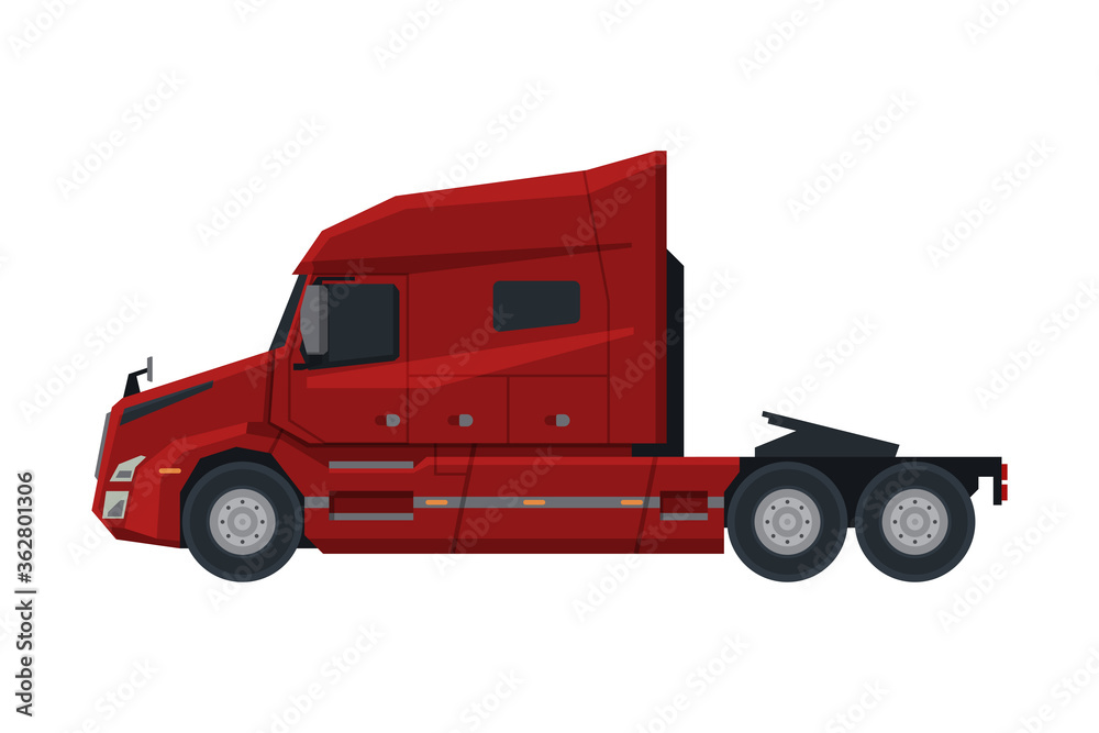 Modern Red Semi Truck, Cargo Delivery Vehicle, Side View Flat Vector Illustration on White Background Modern Red Semi Truck, Cargo Delivery Vehicle, Side View Flat Vector Illustration on White Background