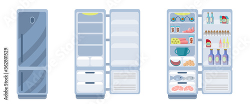 Silver fridge is isolated on a white background. Closed and open empty refrigerator. Drawing a refrigerator with food or an empty shelf. Vector illustration in flat style.