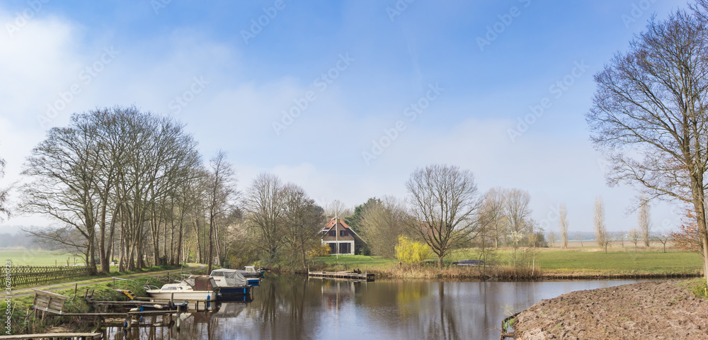 Panorama of little boats in the nature preserve Wildemerk, Netherlands