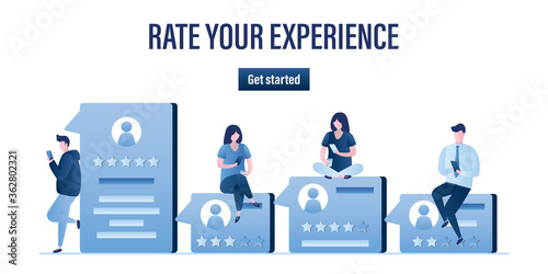 Rate your experience landing page web template. Various people with positive, negative reviews. Testimonials, customer feedback.
