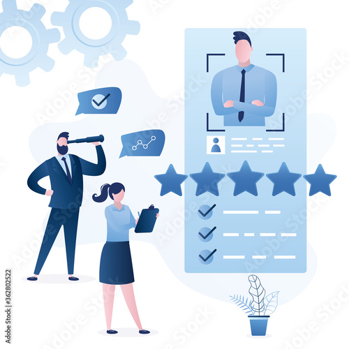 High quality cv resume with male avatar. Businesspeople or HR specialists choosing candidate on job. Recruitment agency office.