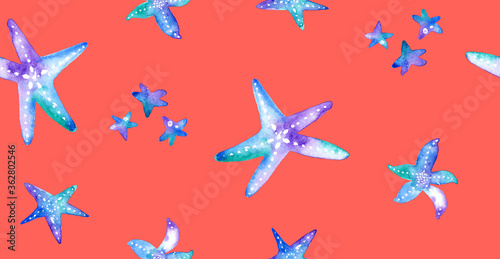 Hand Painting Abstract Watercolor Pastel Colors Starfish Sea Creatures Repeating Pattern Isolated Background
