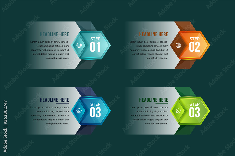 four steps use blue, green, and orange colors. modern vector illustration 3D. Gradient Paper Cut Infographic template with hexagon with arrows. business, presentations, web design, diagrams, workflow 