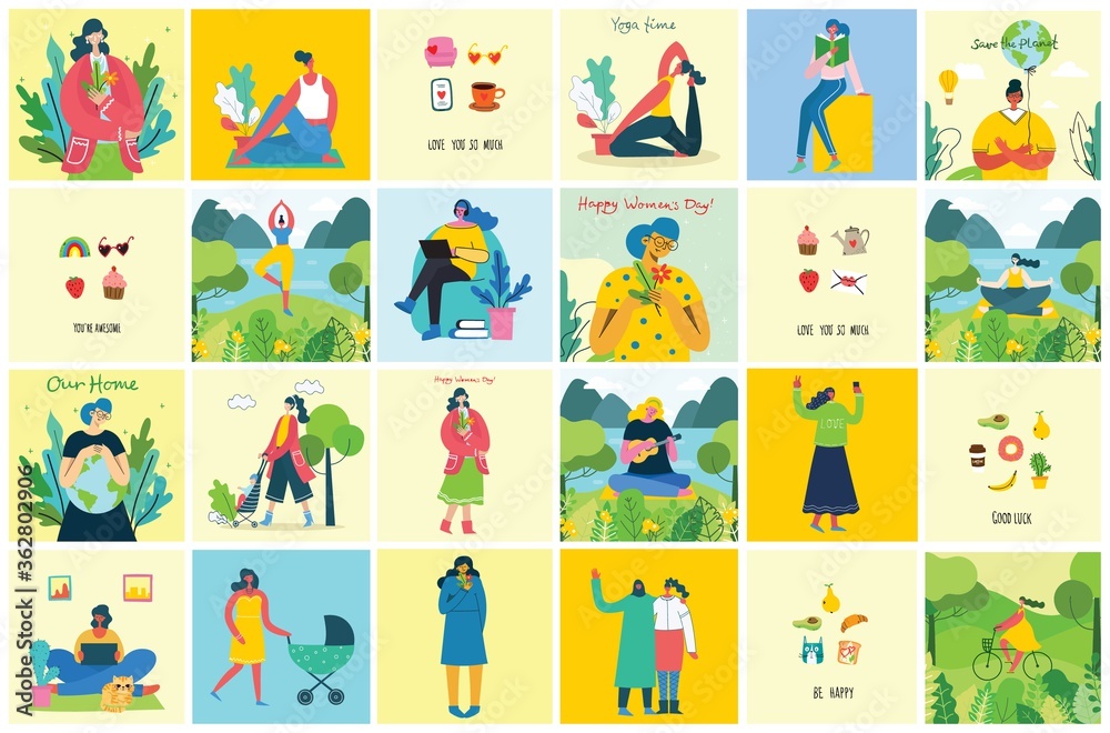 Fototapeta premium Concept of women unique background. Stylish vector illustration card with happy female woman and hand drawing quote Be unique