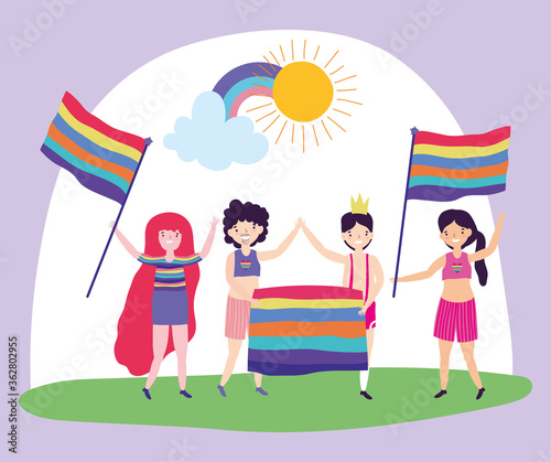 pride parade lgbt community  group men and women happy with rainbow flags