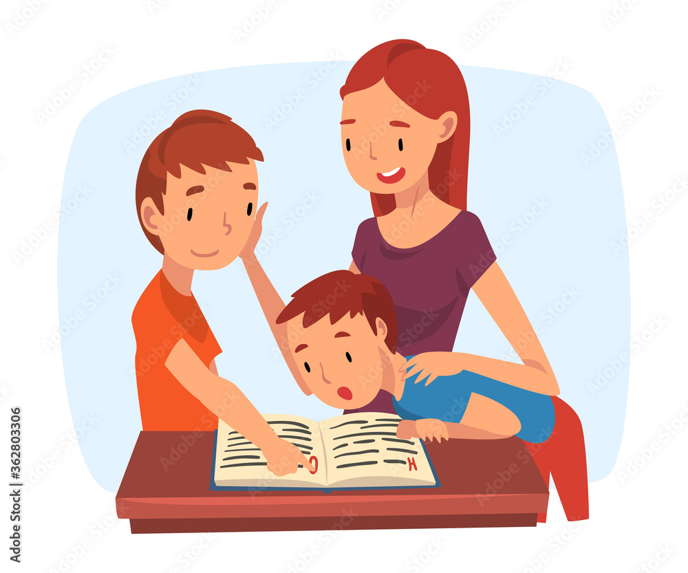 Mother Teaching Her Sons, Parent Helping Sons with Homework and Explaining Lesson in Textbook, Homeschooling Cartoon Vector Illustration Mother Teaching Her Sons, Parent Helping Sons with Homework and Explaining Lesson in Textbook, Homeschooling Cartoon Vector Illustration