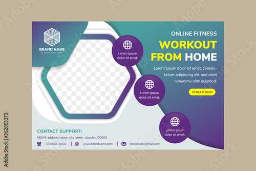 abstract flyer brochure for cross fit GYM, Generic design template with horizontal layout and hexagon space for photo. Online Tutoring , Education. paper cut style with shadow use blue green gradient.
