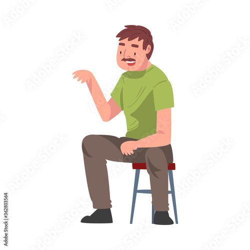 Man in Casual Clothes Sitting on Chair, Talking and Gesturing Cartoon Vector Illustration on White Background
