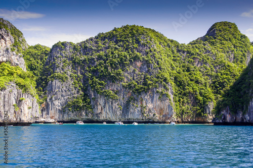 Eroded overgrown limestone rocks in Phang Nga Bay, Ao Phang Nga Marine National Park, Thailand,