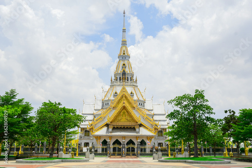 Views of White Chapel of Sothon Wararam temple and the area around in mueang,Chachoengsao ,Thailand.The beauty of temple In the Buddhism.