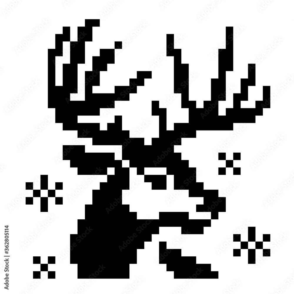 Deer head pixel art. Pattern deer on winter image. Animal in vector