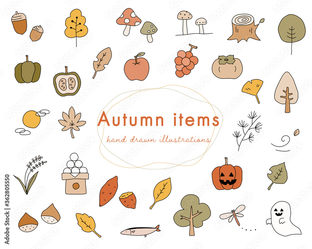 秋の手描きのイラストのセット 食欲の秋 かぼちゃ ハロウィン Stock Vector Adobe Stock