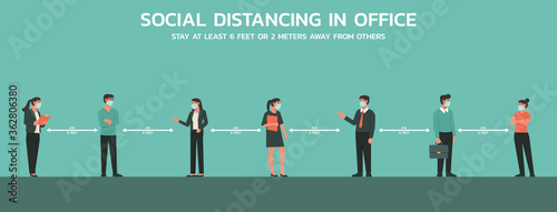 business people meeting together in the office wearing face mask and maintain social distancing, new normal concept, cartoon character vector flat illustration 