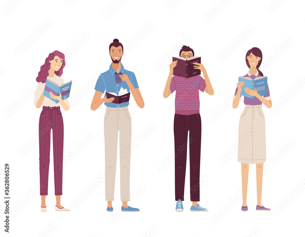 Fototapeta premium Cheerful people reading books set.