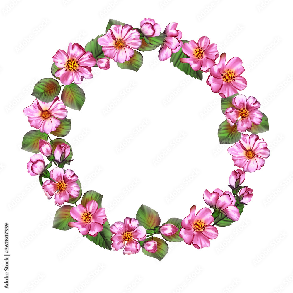Creative composition with the image of garden flowers. A wreath of fruit tree flowers on a white background. Illustration for printing on fabric or paper. Theme of summer, romance, love.