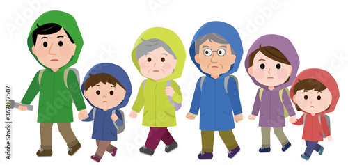 水害で避難する三世代家族　イラスト