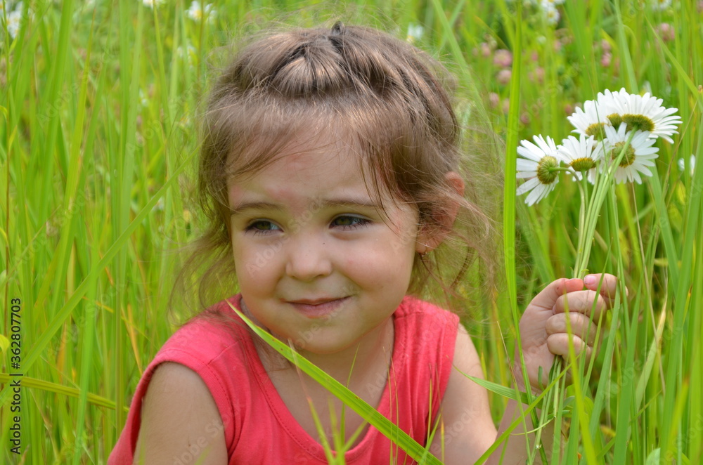 outdoor portrait Cute smiling baby girl in camomile field .Adorable girl with blue eyes and flowers daisies on meadow at summer day.Little child having fun and exploring nature. Copy space outdoor portrait Cute smiling baby girl in camomile field .Adorable girl with blue eyes and flowers daisies on meadow at summer day.Little child having fun and exploring nature. Copy space