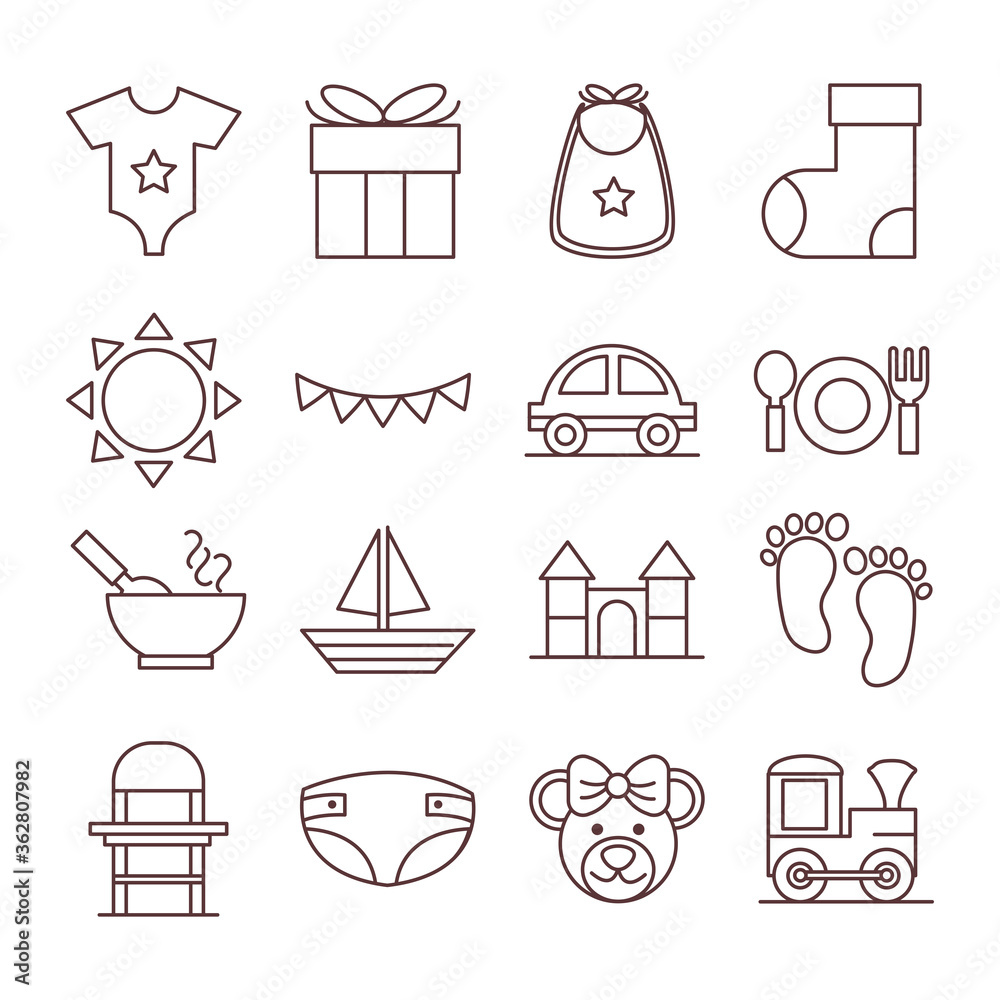 baby feeding toys and clothes, welcome newborn icons set line and fill design baby feeding toys and clothes, welcome newborn icons set line and fill design