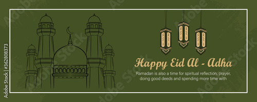 Eid al-adha banner template with Hand drawn Muslim People, Mosque, Lantern and islamic ornament in Green Grunge Background.