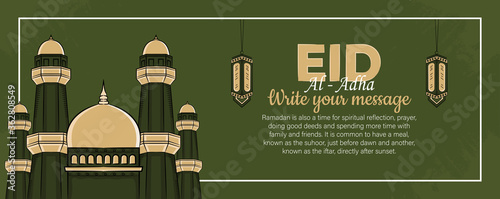 Eid al-adha banner template with Hand drawn Muslim People, Mosque, Lantern and islamic ornament in Green Grunge Background.