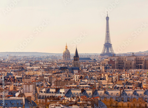 View of Paris, the capital of France in Europe with the Eiffel Tower to the right in the image. 